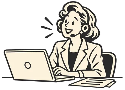 ヘッドセットをつけて、パソコンに向かう女性のイラスト